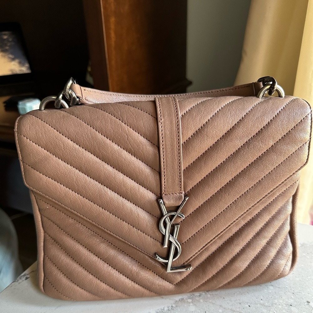 SAINT LAURENT Medium Nude College Bag with Silver Hardware